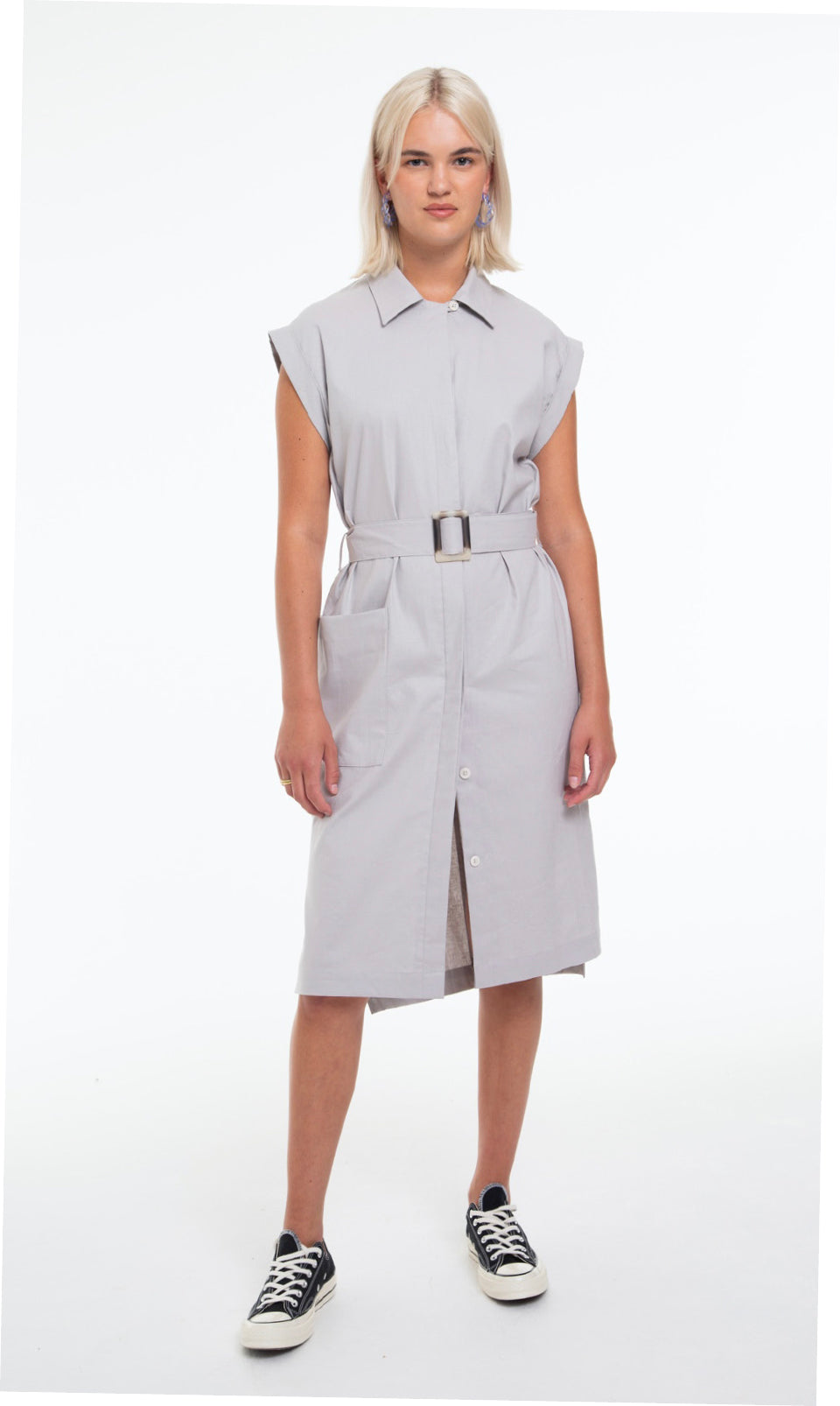 Relaxed Fit Belted Shirt Dress With Capped Grown On Sleeve